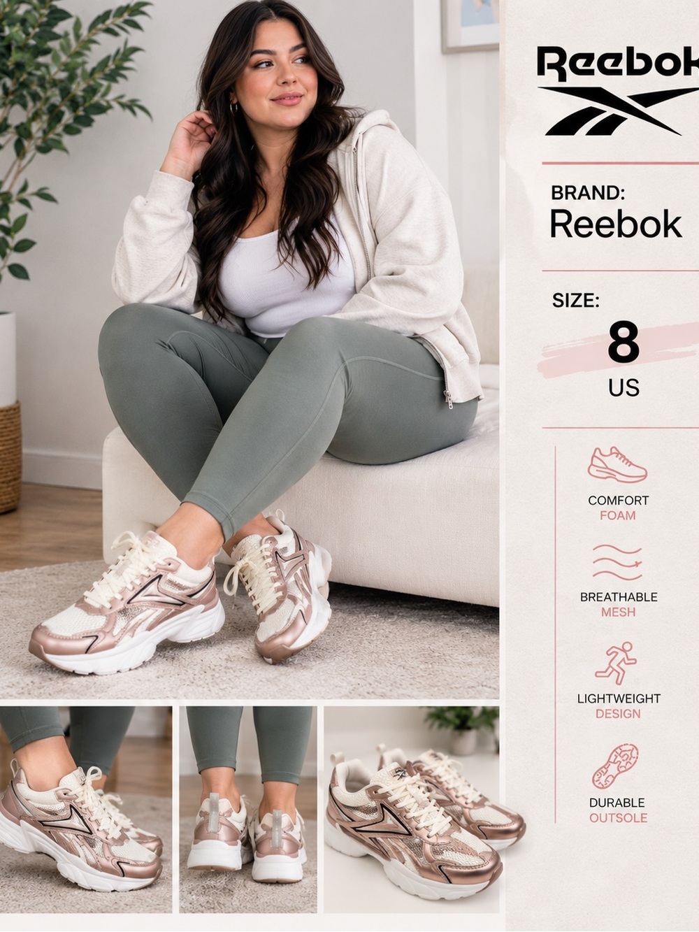 Reebok Women's Metallic Rose Gold and Cream Chunky Sneakers